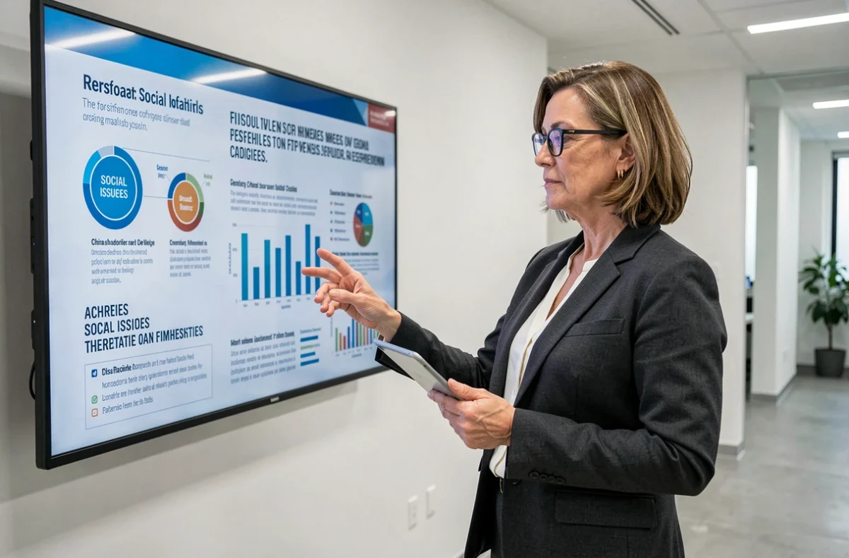 Analyste politique féminine présentant des données sur les enjeux sociaux devant un écran d'infographies dans un bureau contemporain