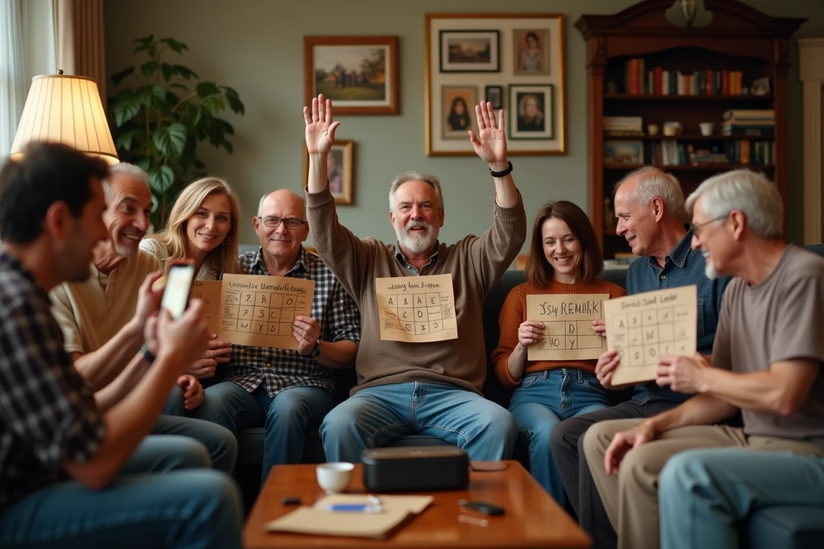 Groupe multigénérationnel d'adultes jouant au bingo musical lors d'une fête d'anniversaire