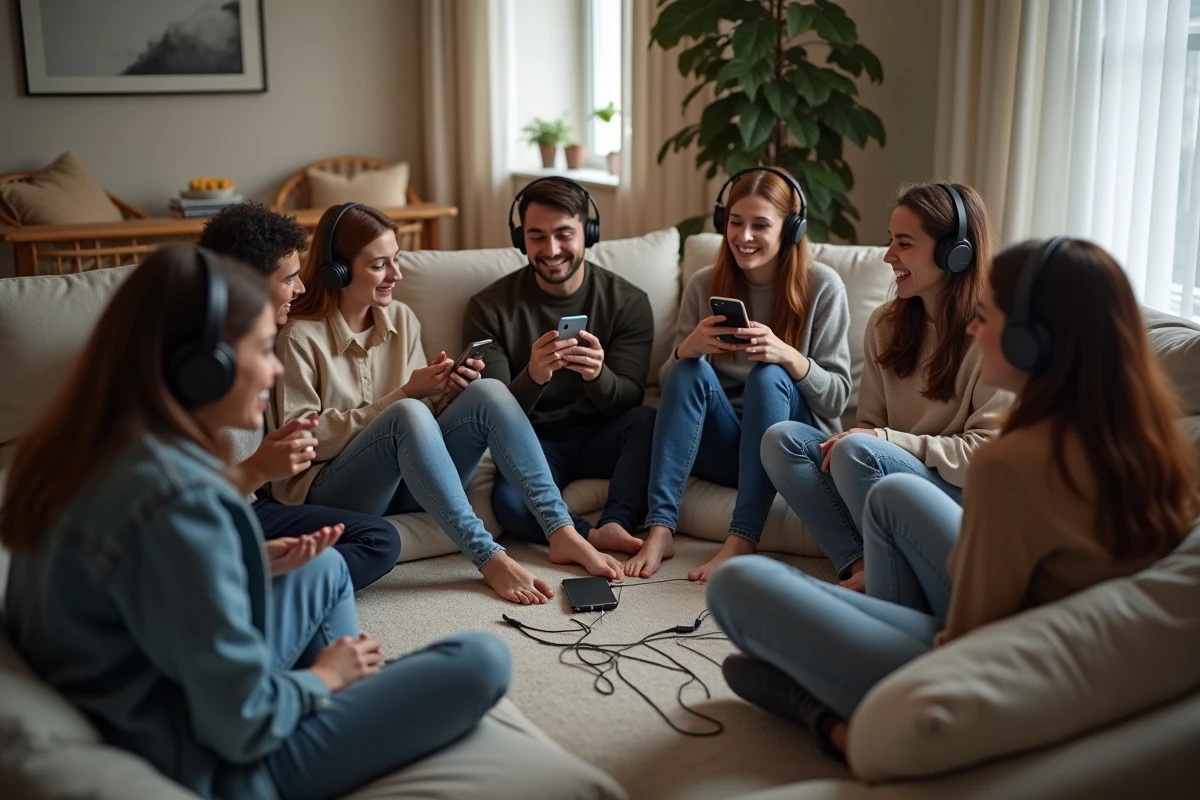 Groupe d'adultes participant à un blind test musical zéro déchet avec écouteurs partagés