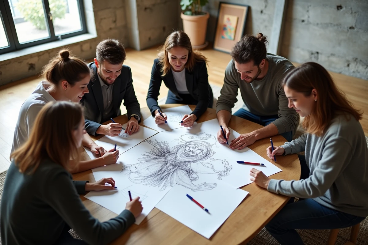 Adultes dessinant un cadavre exquis ensemble autour d'une table lors d'un jeu d'anniversaire