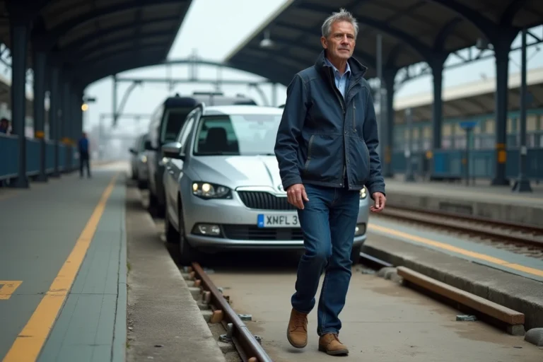 Homme guidant sa voiture sur un wagon d'auto train SNCF dans une gare de chargement en France