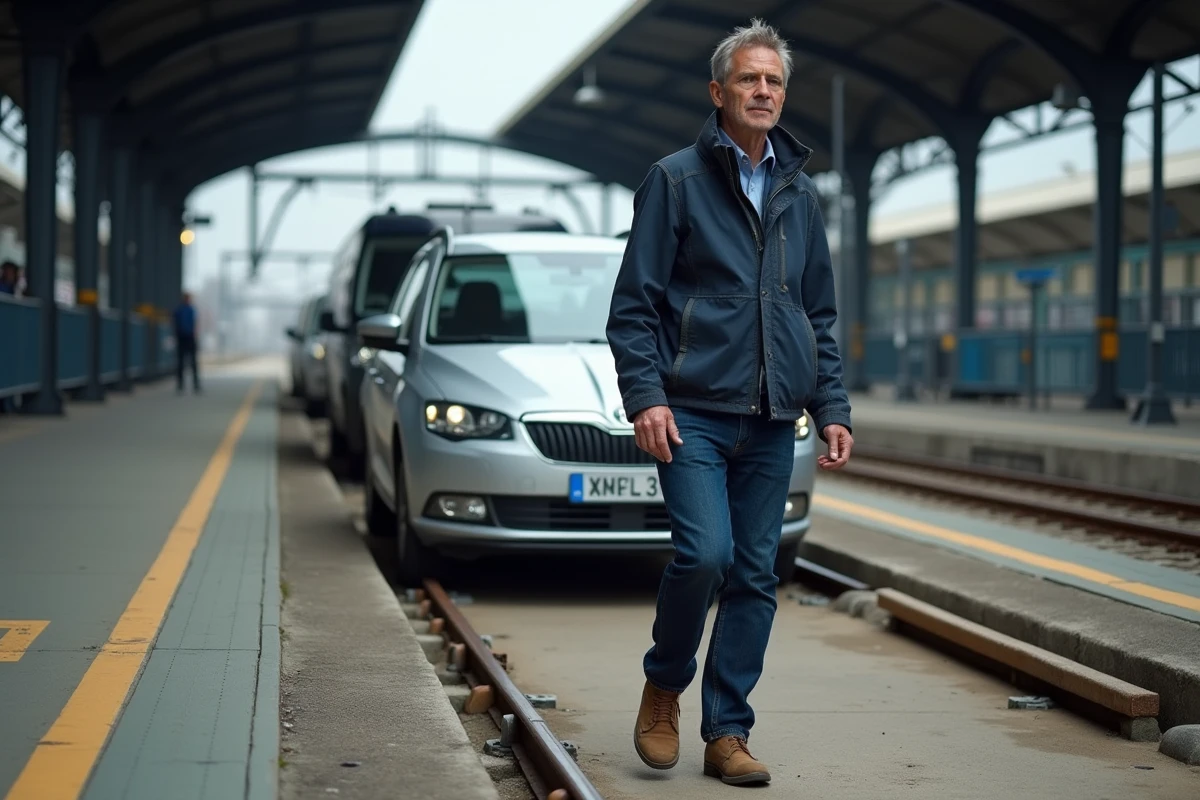 Homme guidant sa voiture sur un wagon d'auto train SNCF dans une gare de chargement en France