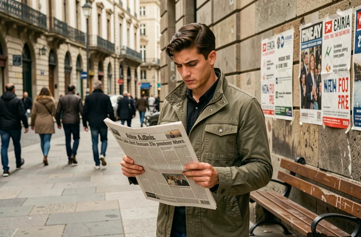 Jeune homme lisant un journal dans une place publique urbaine, entouré de l'agitation de la ville et d'affiches électorales