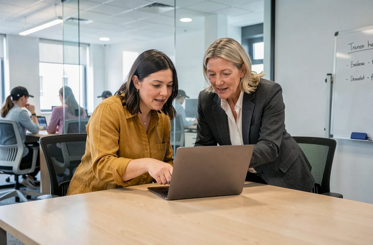 Deux femmes entrepreneures collaborant sur la connexion à un espace numérique dédié à l'entrepreneuriat féminin en salle de réunion