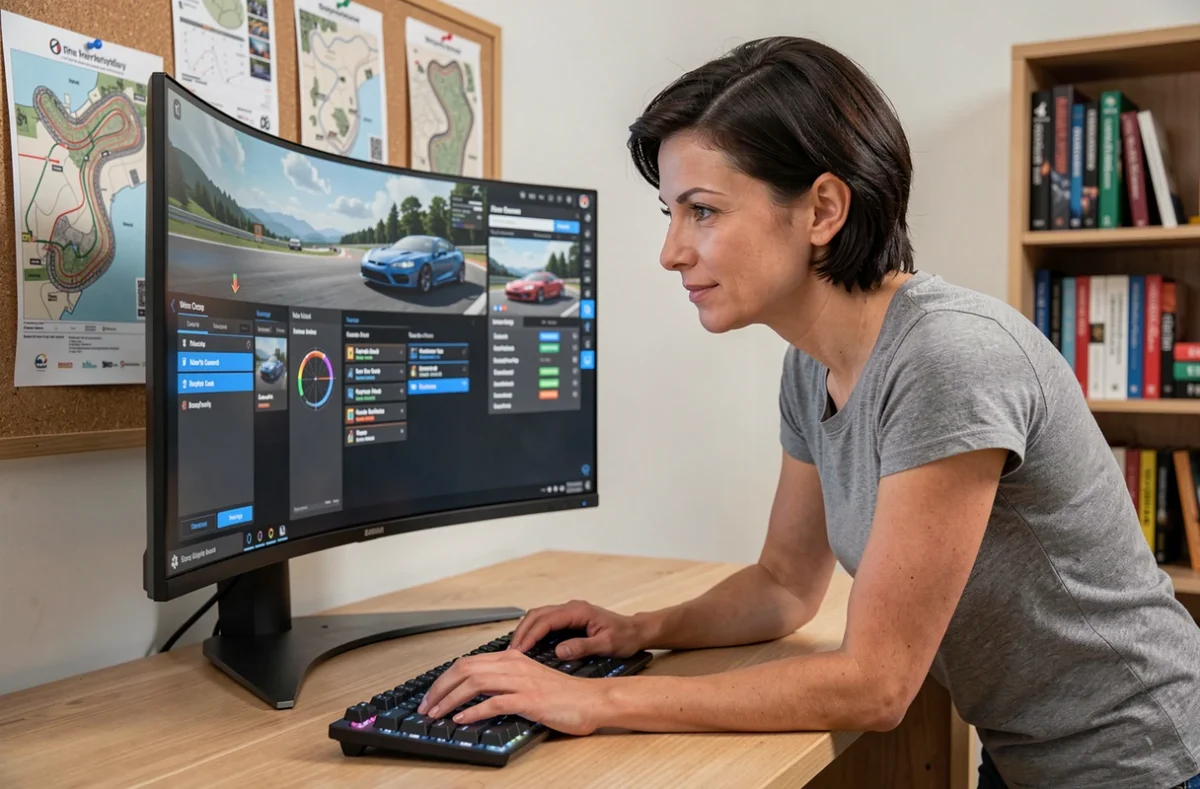 Joueuse configurant sa voiture dans le menu de sélection d'Assetto Corsa Competizione sur un grand écran incurvé