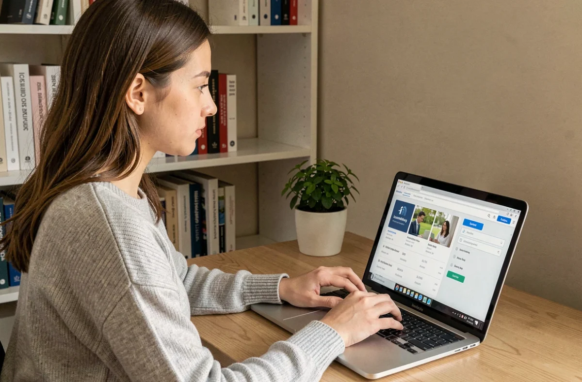Jeune femme connectée à une plateforme de cours en ligne de comptabilité depuis son bureau à domicile
