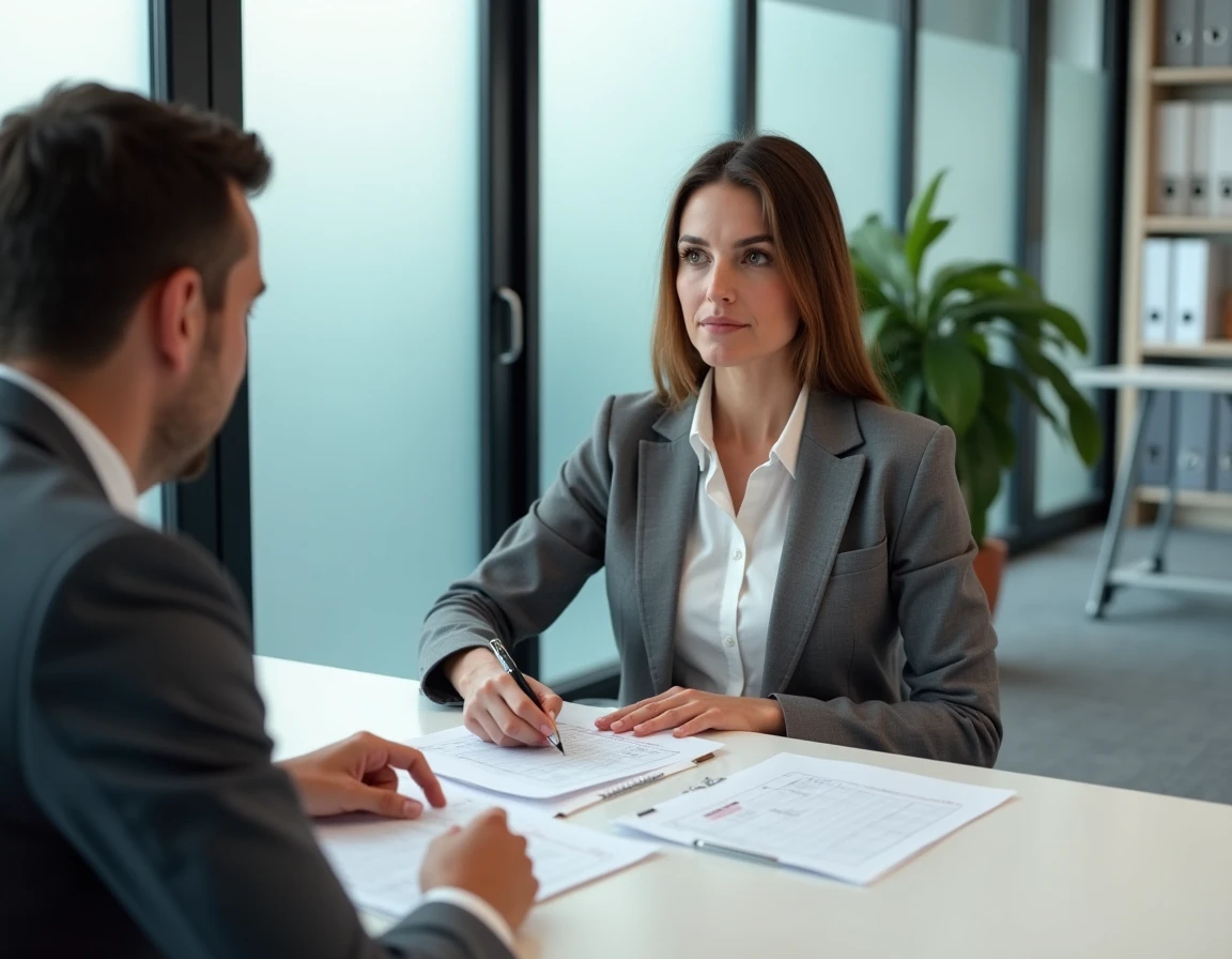 Une femme consulte un conseiller fiscal pour corriger une erreur sur son formulaire H1 dans un bureau professionnel moderne