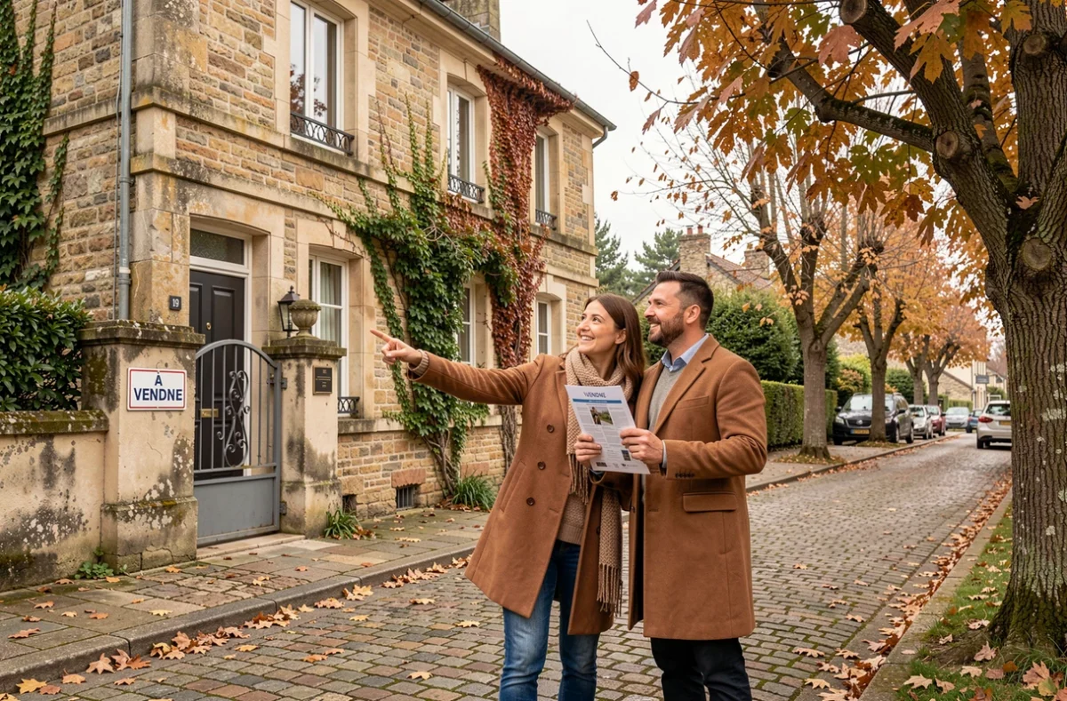 Couple de futurs acheteurs visitant une maison à vendre dans une rue résidentielle en automne