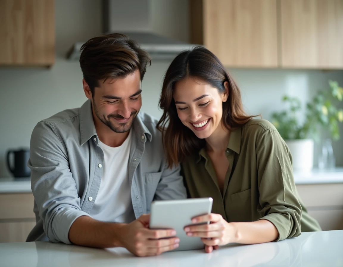 Couple consultant une confirmation de paiement immobilier sécurisé sur tablette dans une cuisine moderne