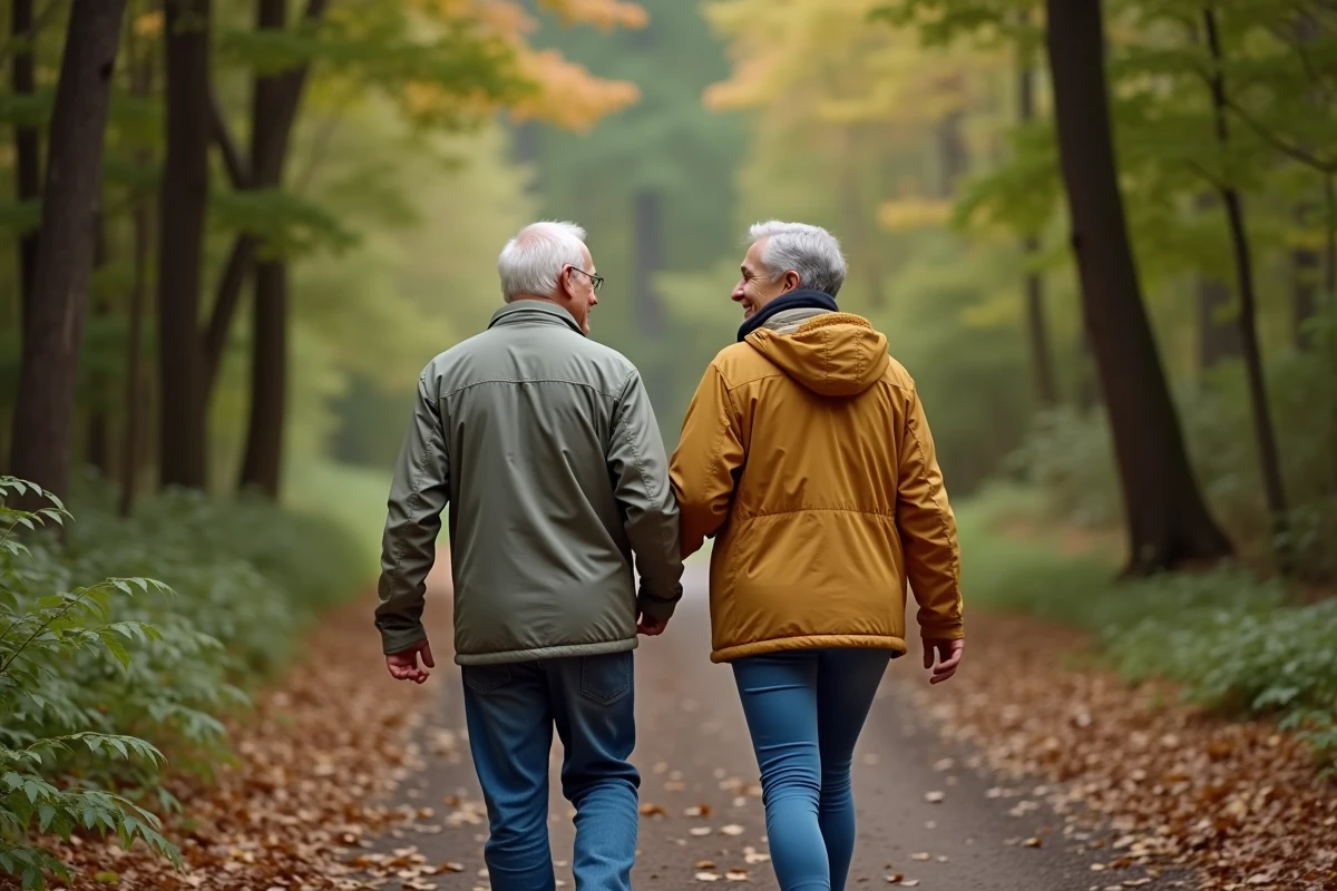 Couple retraité marchant dans la forêt en pleine nature