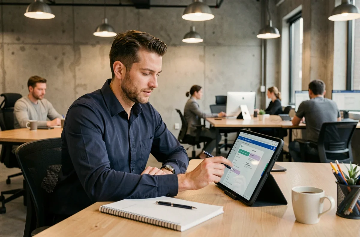 Homme en espace de coworking suivant des cours de comptabilité sur une tablette via une plateforme e-learning