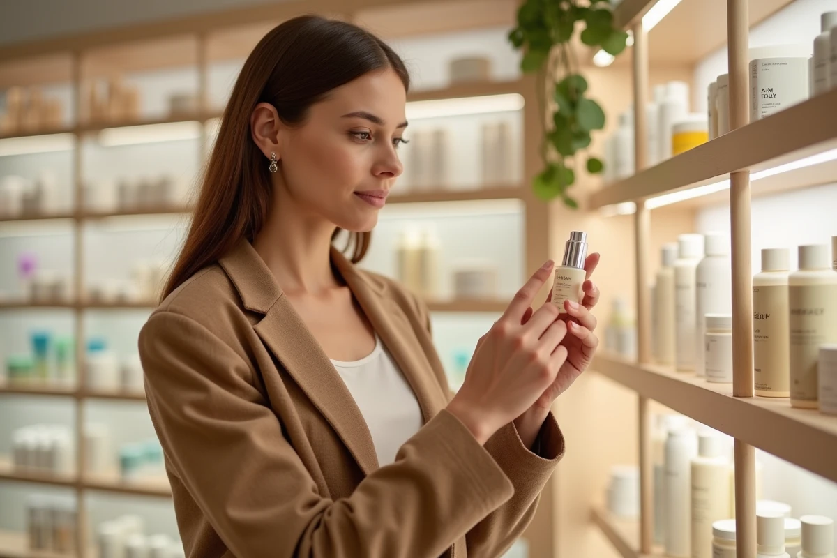 Femme inspectant un sérum Typology dans un concept store beauté parisien