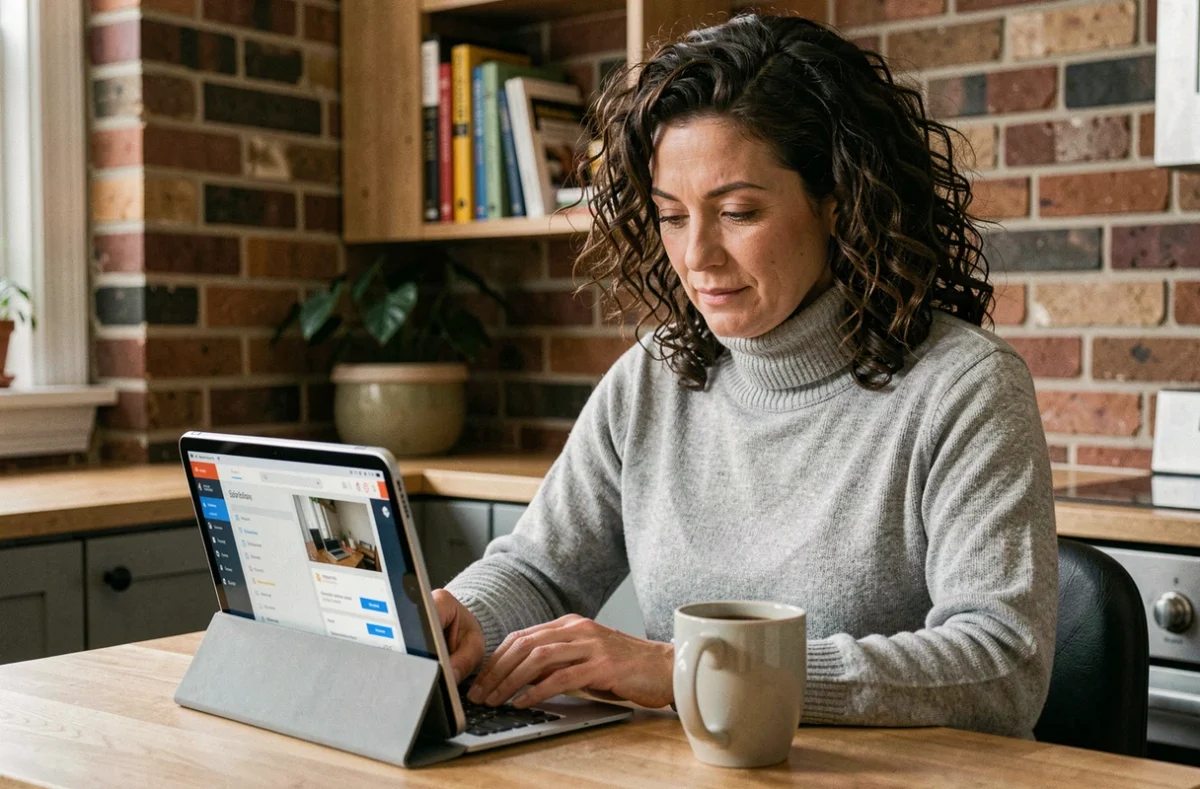 Femme d'affaires utilisant une tablette pour accéder à sa plateforme entrepreneuriale féminine depuis son bureau à domicile