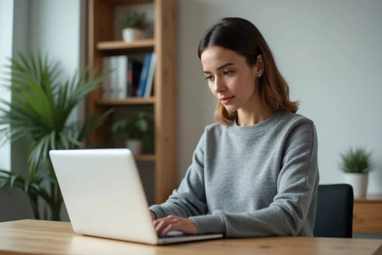 Femme concentrée naviguant sur les actualités informatiques depuis son bureau à domicile sur un ordinateur portable