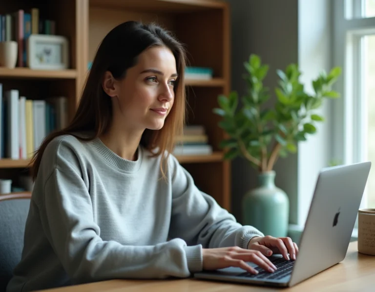 Femme consultant le plan du site d'une commune française sur un ordinateur portable à son bureau à domicile