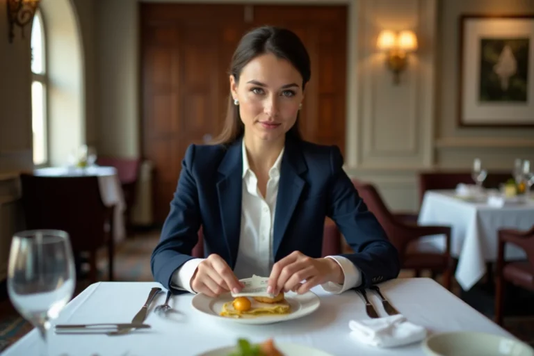 Femme élégante en blazer navy lors d'un dîner raffiné
