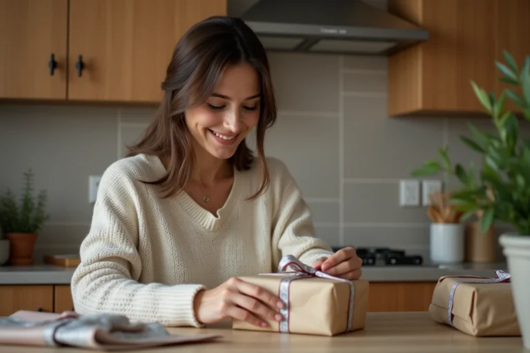 Femme souriante emballant un cadeau dans la cuisine