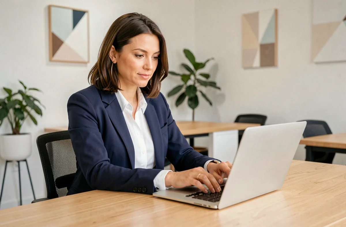 Femme entrepreneure connectée à son espace en ligne J'entreprends Au Féminin sur un ordinateur portable dans un co-working moderne