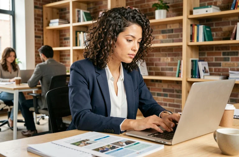 Femme suivant une formation professionnelle sur ordinateur dans un espace de coworking moderne pour trouver un emploi rapidement