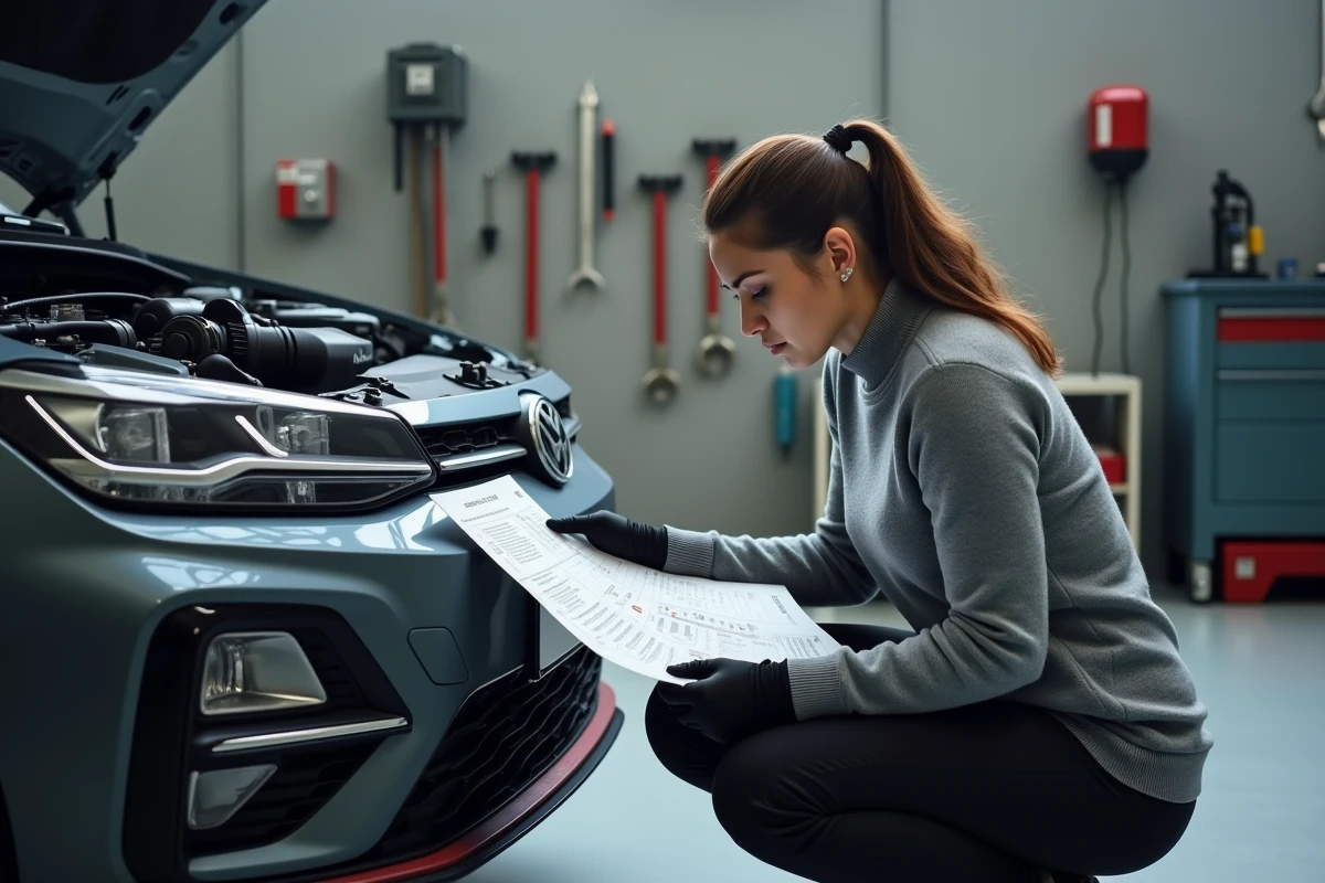Femme vérifiant un guide moteur dans un garage moderne
