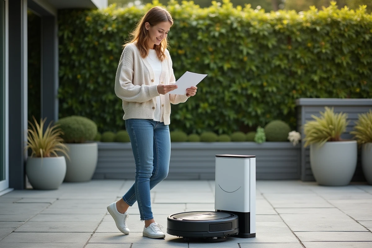 Femme vérifiant la station de charge de la tondeuse robot