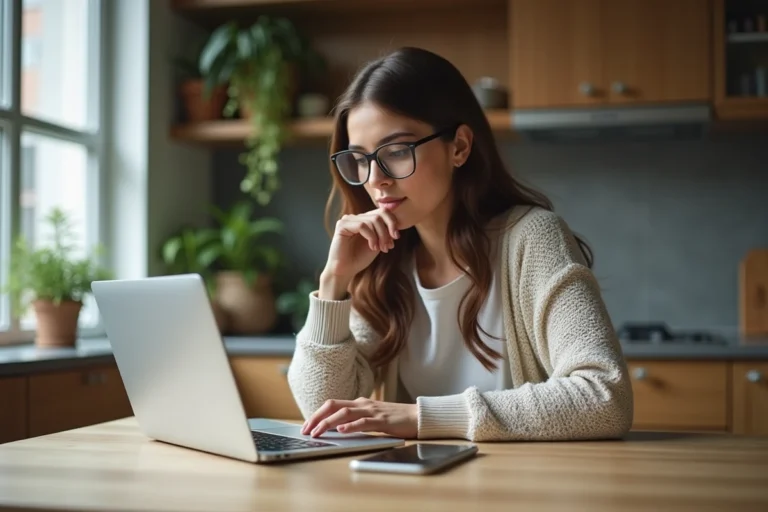 Femme concentrée utilisant son ordinateur dans une cuisine chaleureuse