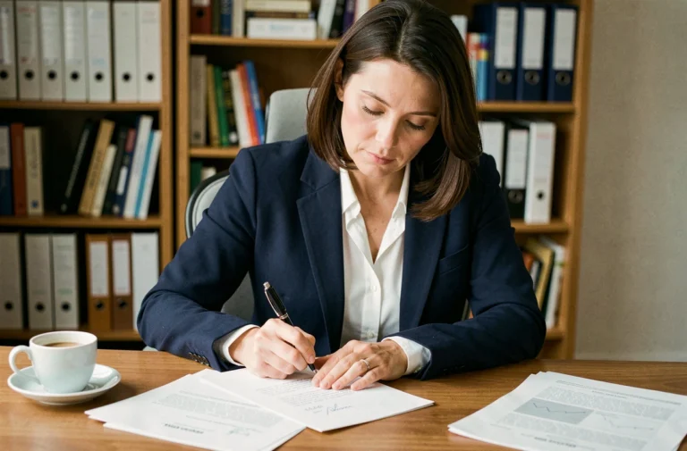 Femme rédigeant une lettre formelle pour demander le second versement du CSP à son bureau à domicile