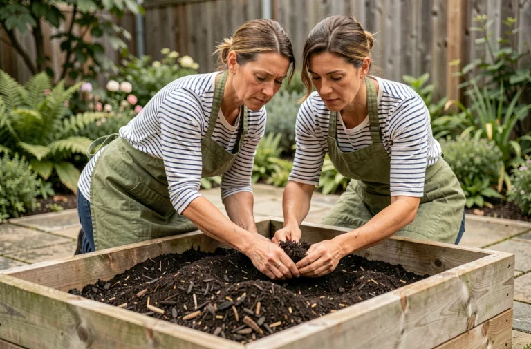 Femme remplissant un carré potager surélevé en bois avec du compost, vue en plan trois quarts sur terrasse en pierre