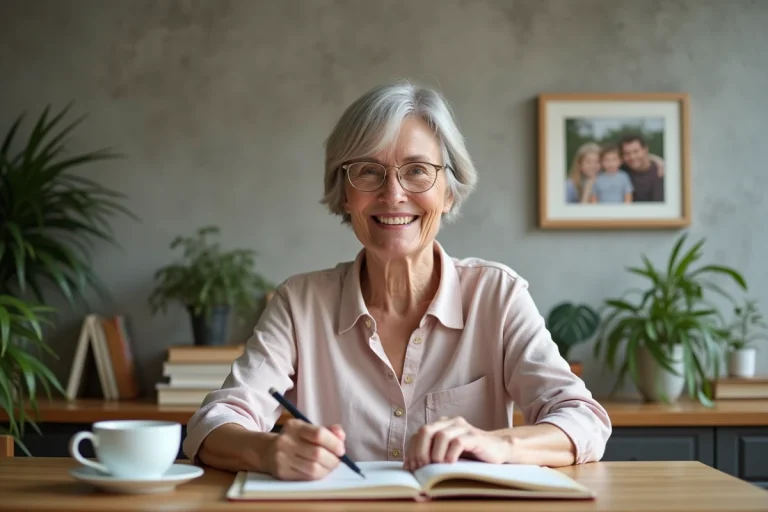 Femme retraitée souriante en journalisant à la maison
