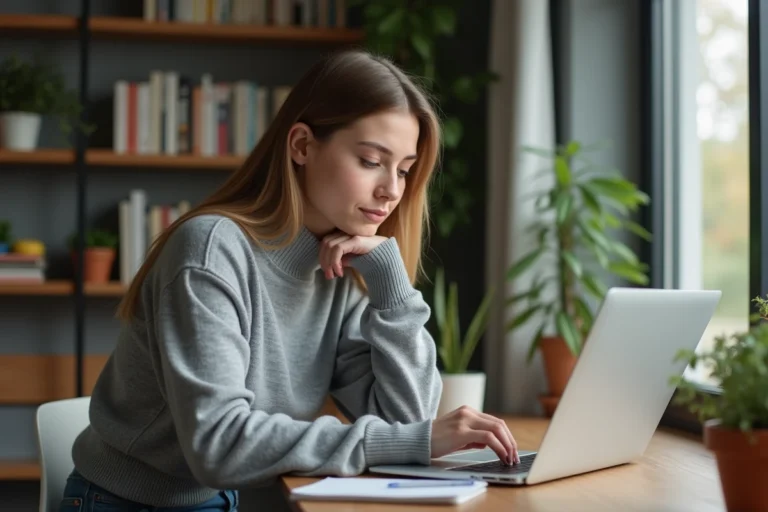 Jeune femme concentrée sur son ordinateur dans un appartement