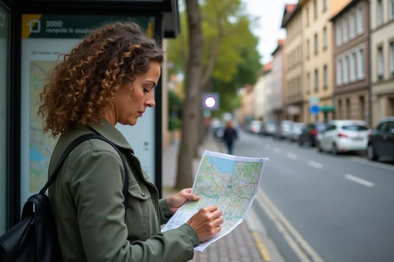 Femme d'âge moyen vérifiant une carte de Toulouse en extérieur