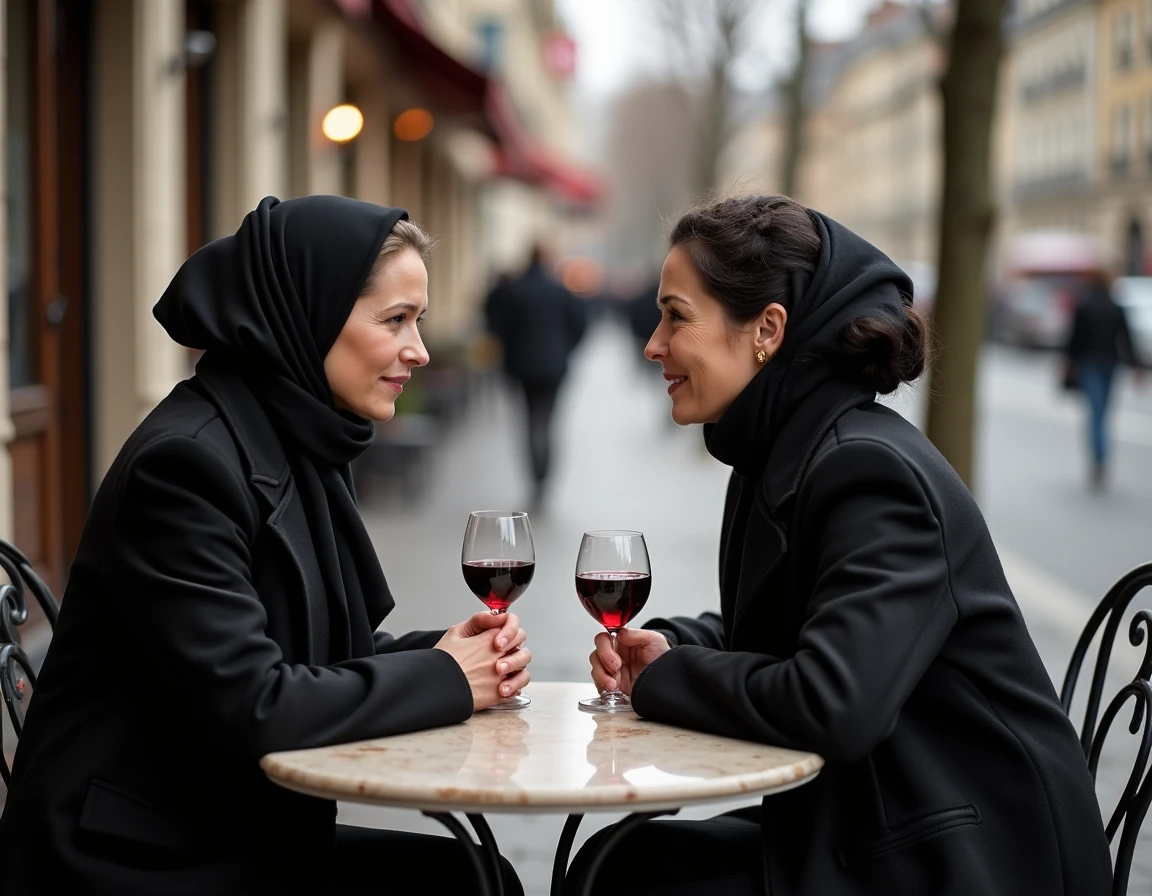 Deux femmes en deuil partageant un verre de vin rouge en terrasse de brasserie parisienne après des funérailles