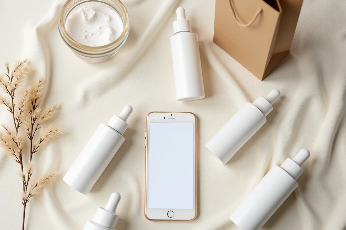Flat lay de produits Typology avec smartphone affichant une boutique en ligne
