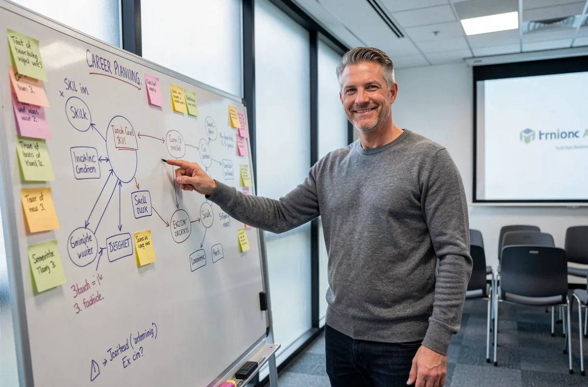 Formateur professionnel présentant un plan de développement de compétences lors d'un atelier de reconversion professionnelle