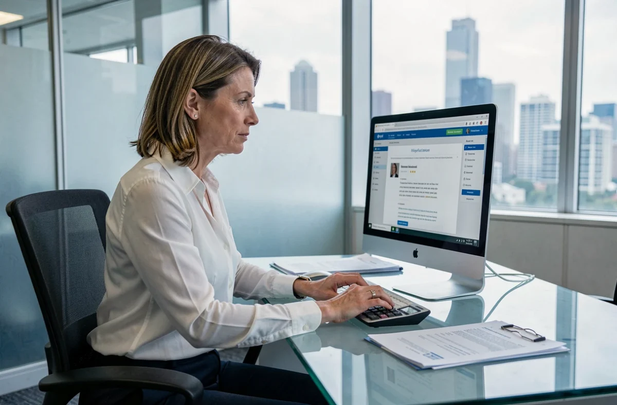 Professionnelle en bureau d'entreprise accédant à sa formation comptabilité en ligne sur ordinateur de bureau