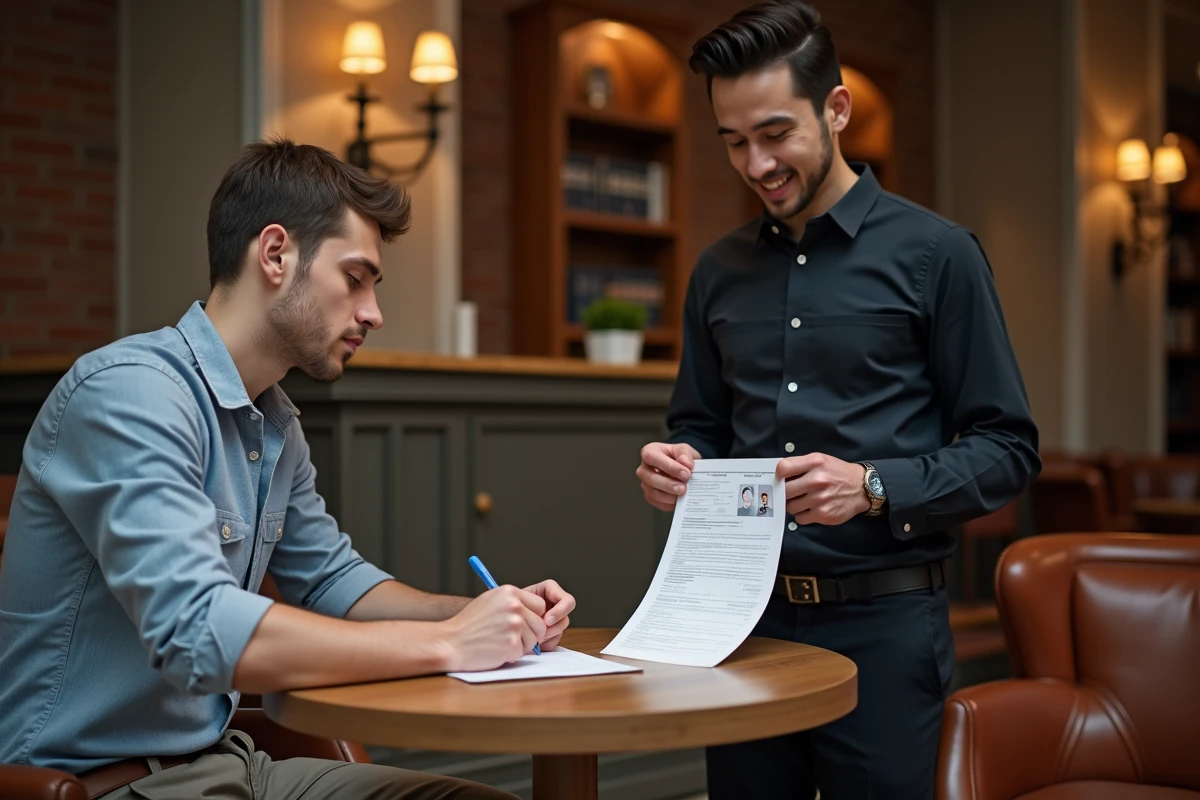 Client remplissant un formulaire d'enregistrement d'invité à la réception d'un hôtel boutique
