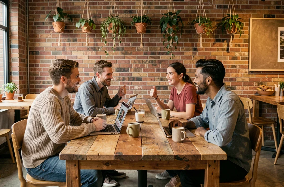 Groupe d'amis discutant de culture et d'actualités dans un café contemporain