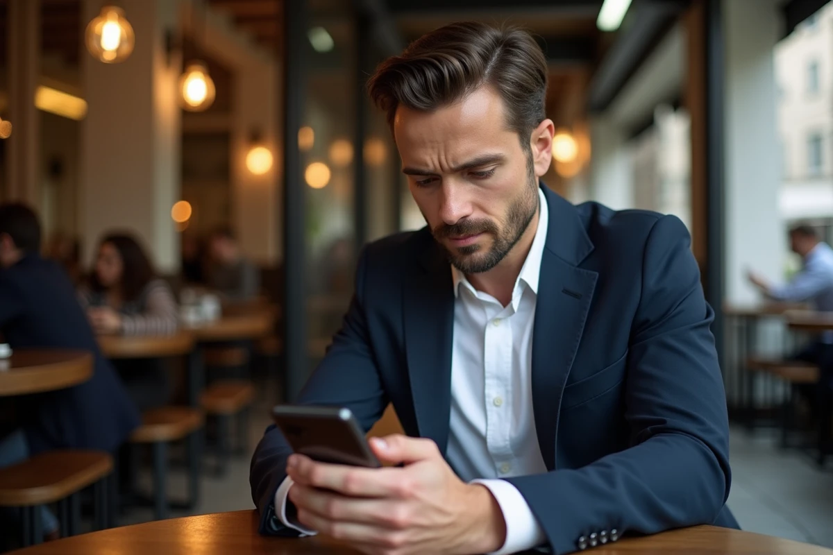 Homme consultant son téléphone dans un café parisien pour vérifier des rumeurs sur le mariage d'Alicia Dauby et Olivier Bossard