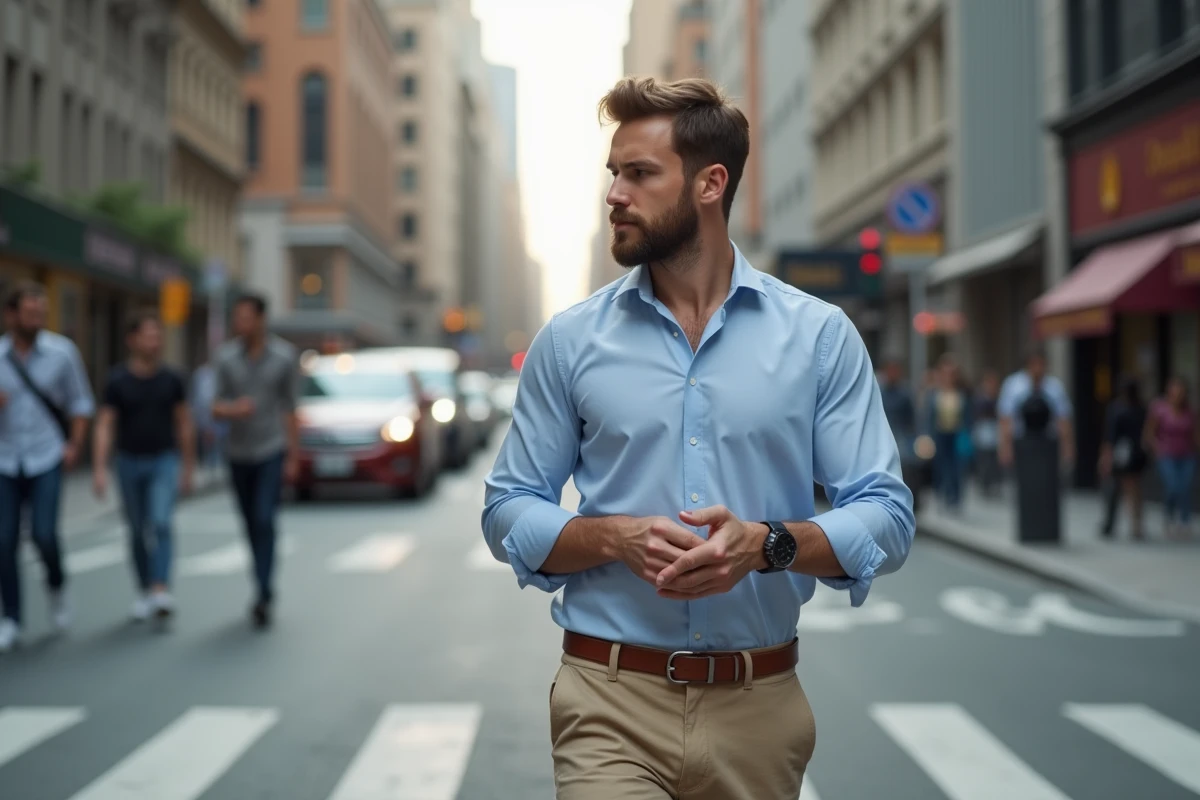 Homme décontracté marchant dans une rue urbaine animée