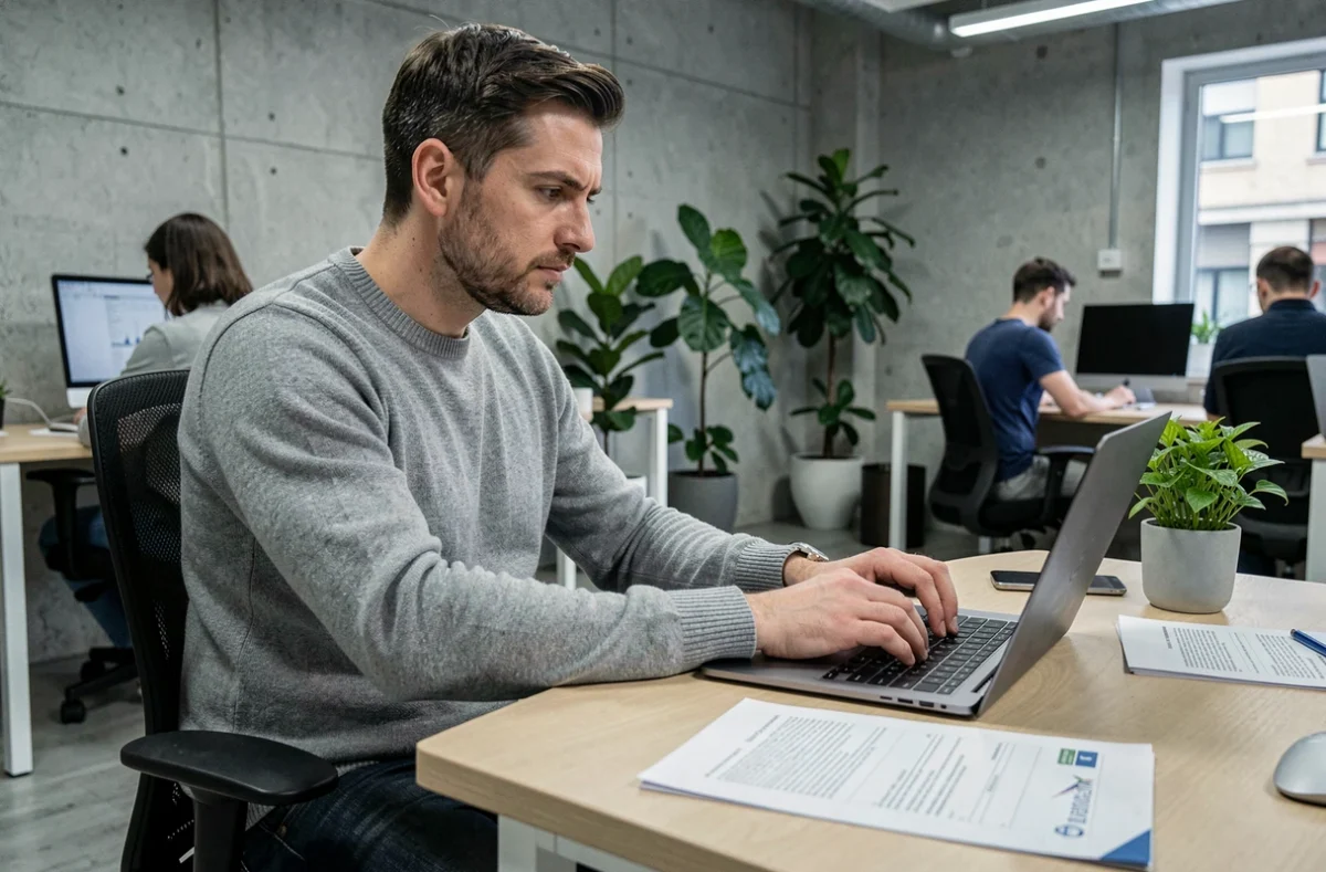 Homme consultant des documents administratifs du CSP sur ordinateur dans un espace de coworking moderne