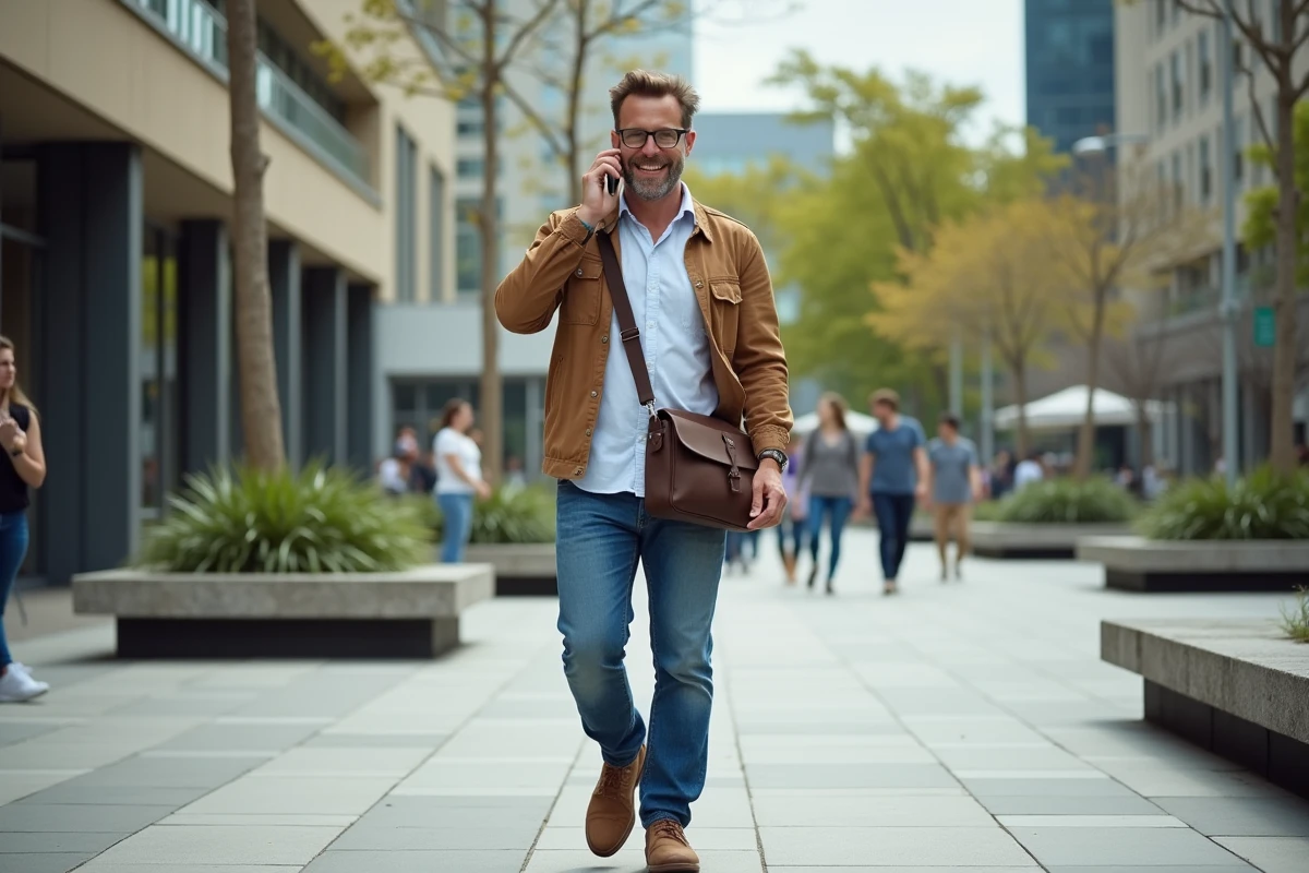 Homme marche dans la ville en parlant au téléphone