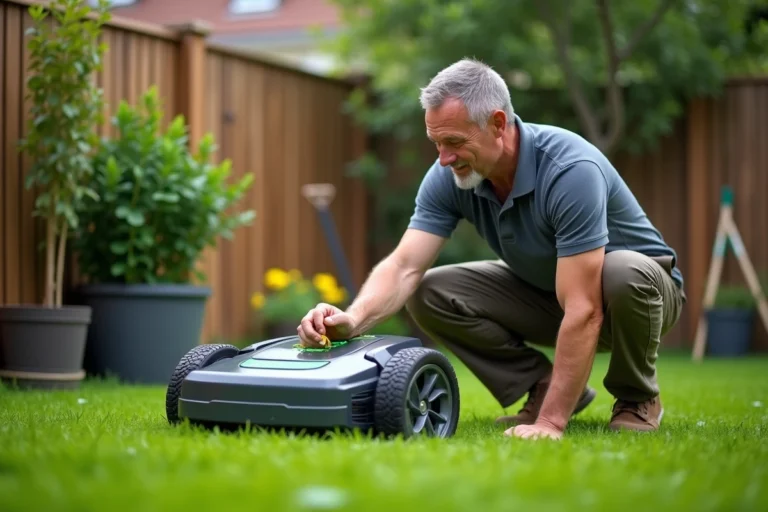 Homme nettoyant une tondeuse robot dans le jardin