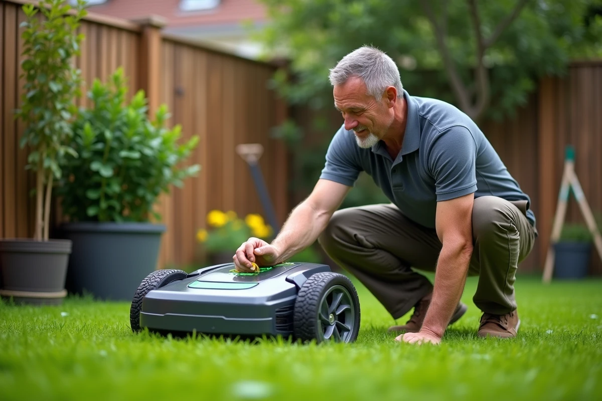 Homme nettoyant une tondeuse robot dans le jardin