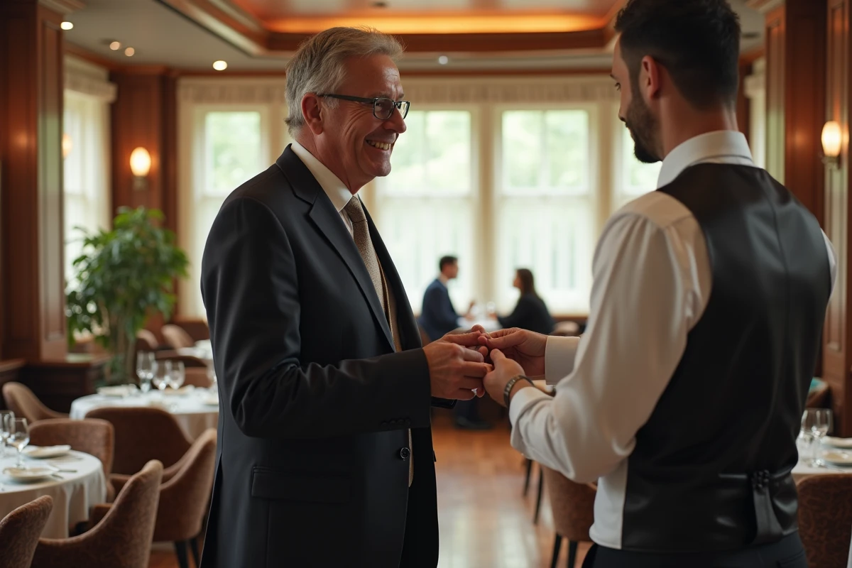 Homme en costume donnant un pourboire au serveur dans un restaurant