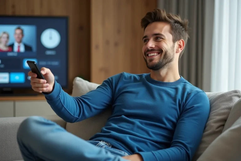 Jeune homme souriant dans son salon avec smartphone et télécommande