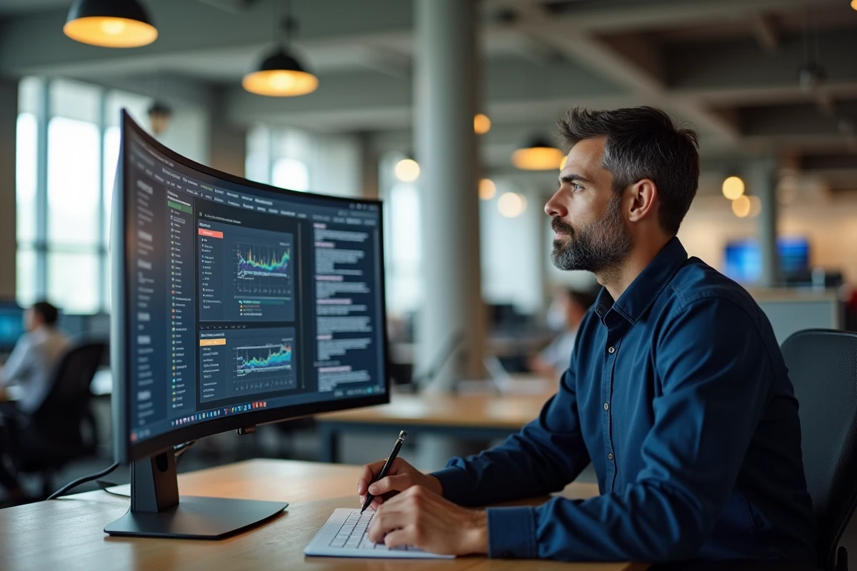 Homme en bureau open-space suivant un tutoriel informatique sur un grand moniteur incurvé tout en prenant des notes