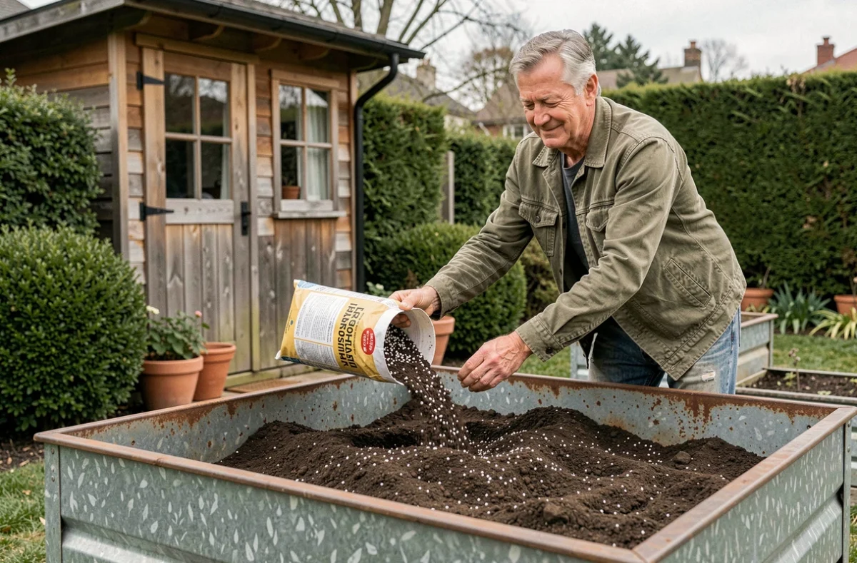 Homme versant un mélange de terreau et perlite dans un carré potager surélevé en métal galvanisé dans un jardin de banlieue