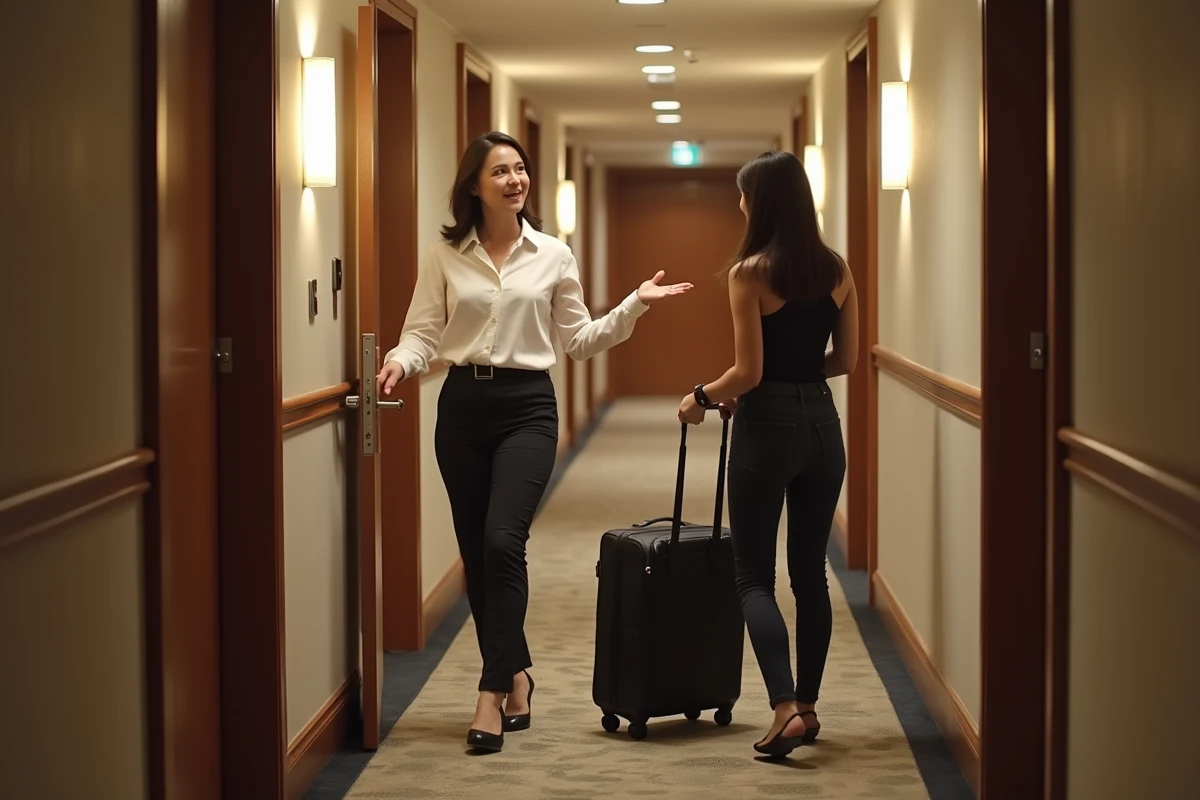 Femme ouvrant la porte de sa chambre d'hôtel pour accueillir une invitée dans le couloir