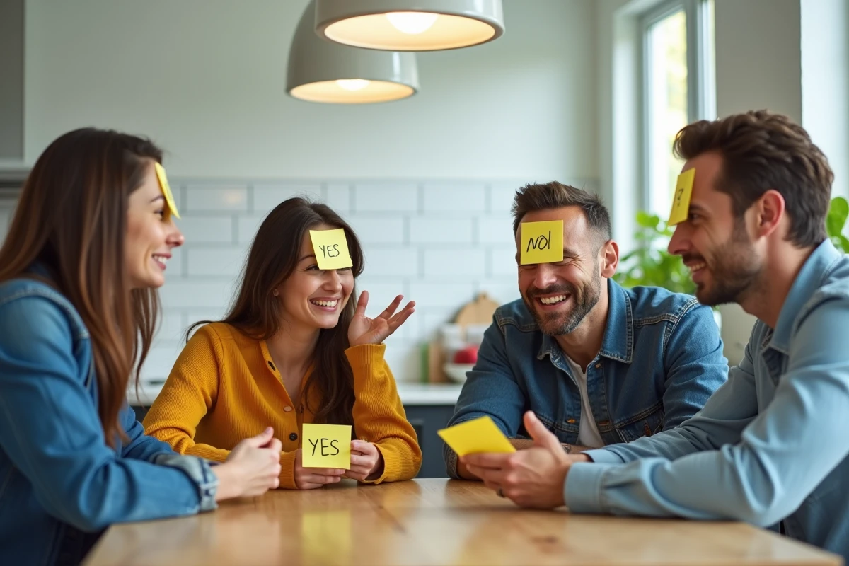 Adultes portant des post-it sur le front et devinant des noms lors d'un jeu d'anniversaire