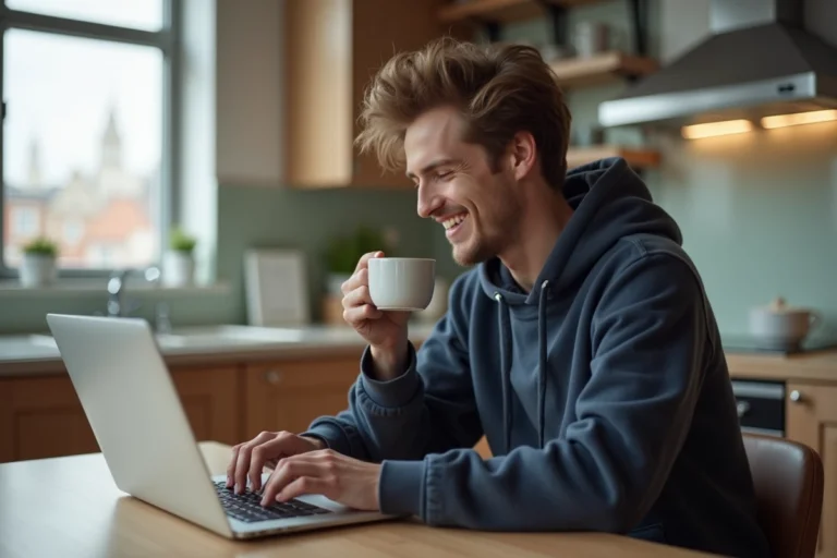 Jeune homme détendu buvant un café avec captcha affiché